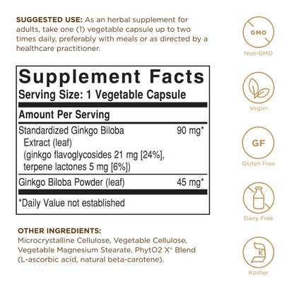 Solgar Ginkgo Biloba Leaf Extract - 180 Vegetable Capsules - Standardized Full Potency (SFP) - Non-GMO, Vegan, Gluten Free, Dairy Free, Kosher - 180 Servings