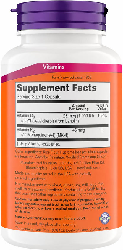 Now Supplements Vitamin D3 K2, 1,000 IU/45 mcg, Cardiovascular Support, Supports Bone Health, 180 Vegetarian Capsules - Vegan, Gluten Free, Kosher