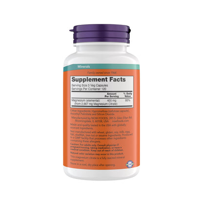 Now Supplements, Magnesium Citrate, Enzyme Function*, Nervous System Support*, Critical for Enzyme Function*, Gluten Free, Vegan, Kosher, Non-GMO 360 Vegetarian Capsules