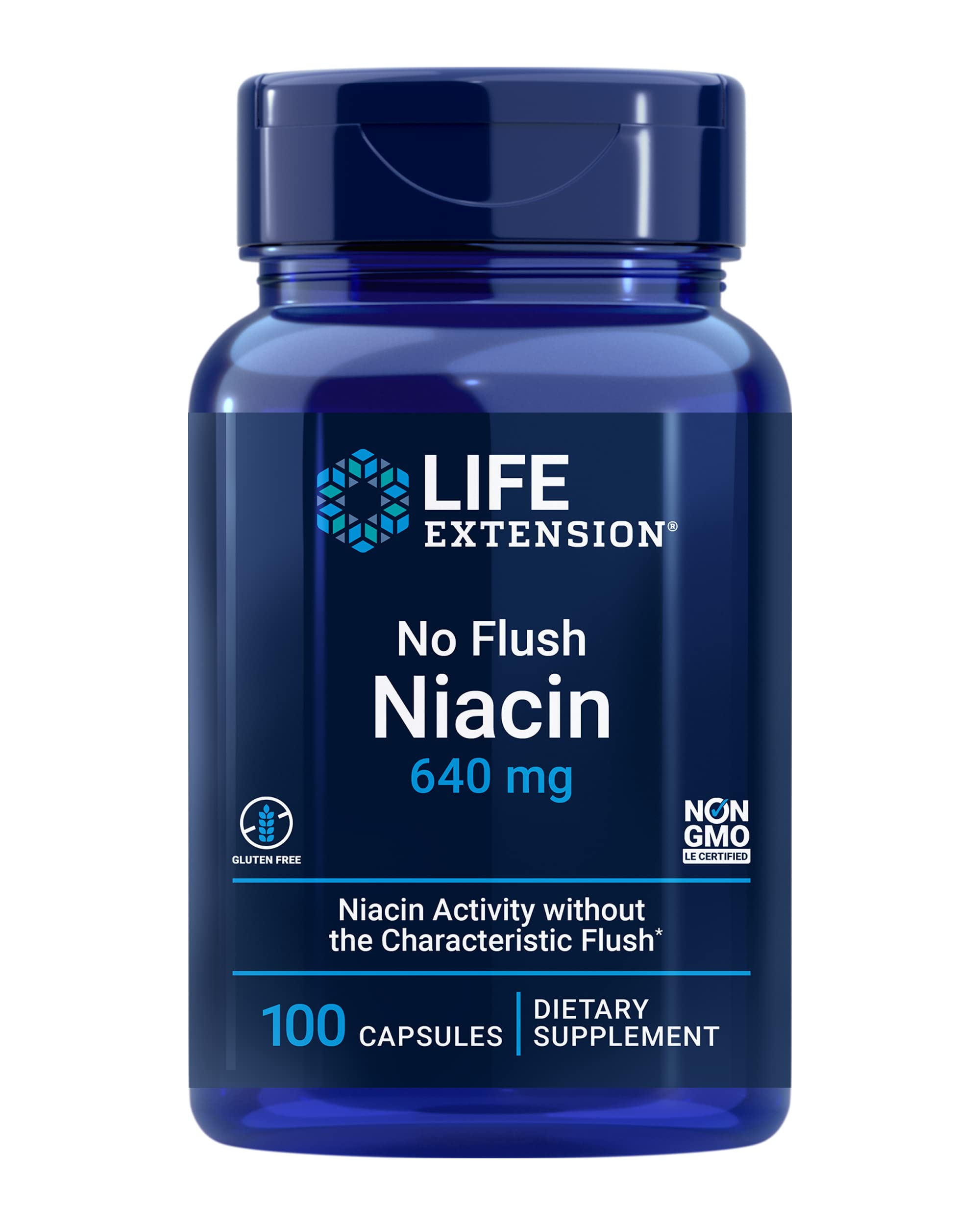 Life Extension No Flush Niacin, B3 for Heart Health, Cholesterol & Energy Support, Non-GMO, Gluten-Free, 100 Capsules