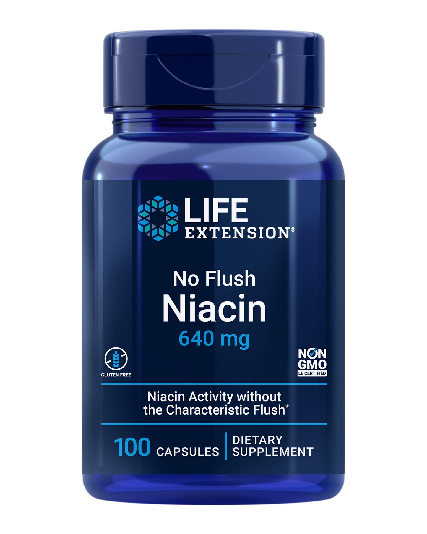 Life Extension No Flush Niacin, B3 for Heart Health, Cholesterol & Energy Support, Non-GMO, Gluten-Free, 100 Capsules