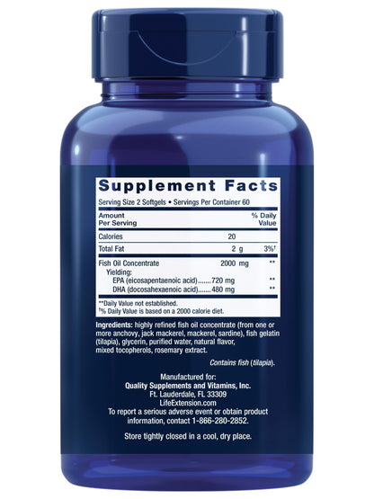 Life Extension Mega EPA/DHA, Omega-3 Fatty acids, Heart & Brain Health, Non-GMO, Gluten-Free, 120 softgels