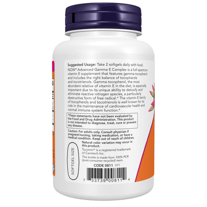NOW Supplements, Advanced Gamma E Complex, Mixed Tocopherols & Tocotrienols, Antioxidant Protection*, 120 Softgels