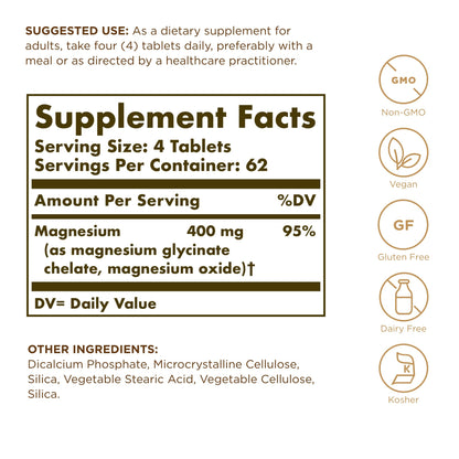 Solgar Chelated Magnesium - 250 Tablets, Pack of 2 - Supports Nerve & Muscle Function - Non-GMO, Vegan, Gluten Free, Dairy Free, Kosher - Approx. 124 Servings