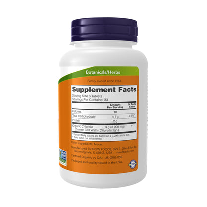 NOW Foods Supplements, Organic Chlorella 500 mg with naturally occurring Chlorophyll, Beta-Carotene, mixed Carotenoids, Vitamin C, Iron and Protein, 200 Tablets