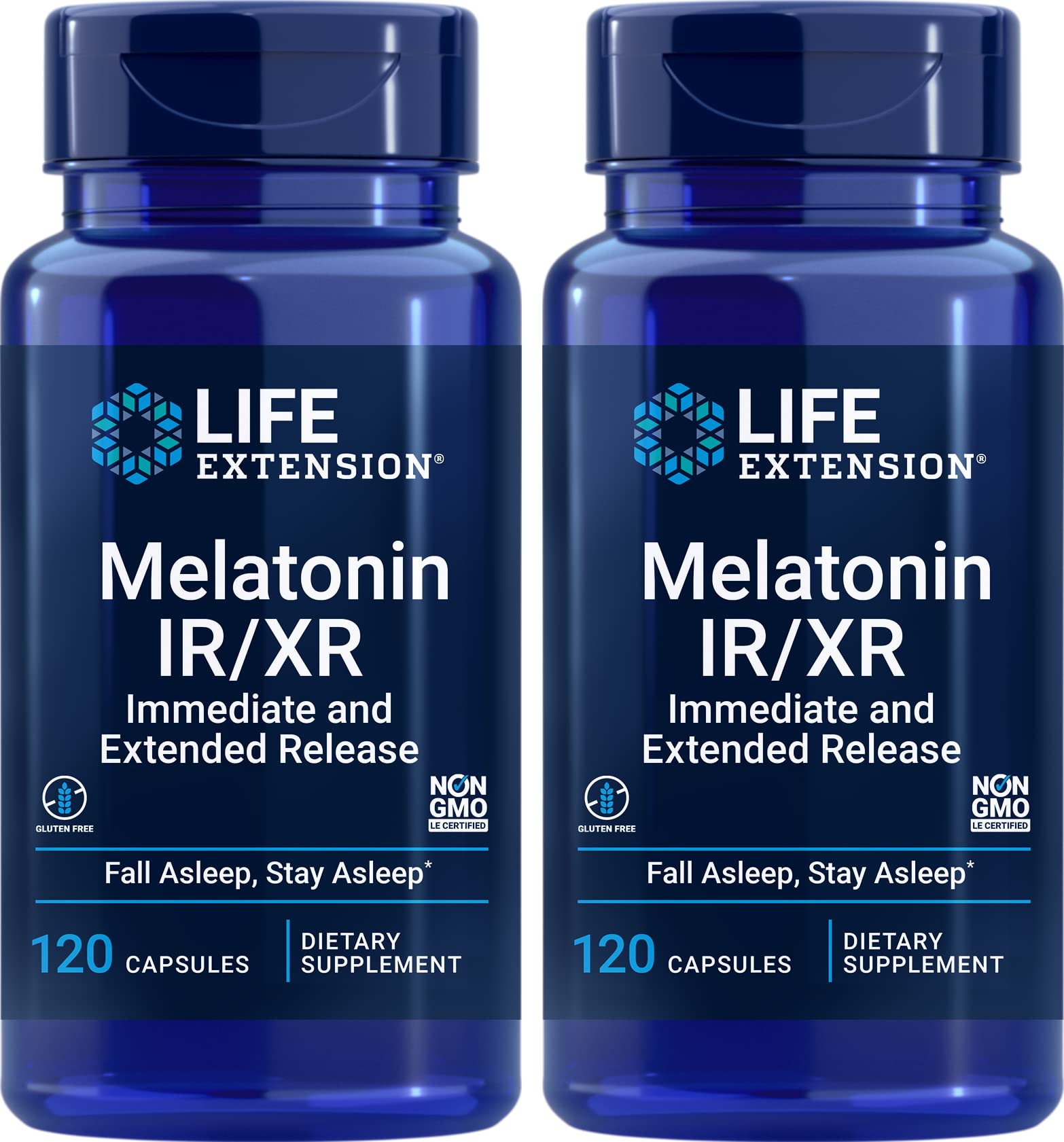 Life Extension Melatonin IR/XR, 120 Capsules (Pack of 2) - Immediate & Extended-Release for 7 Hours Support - Night Time Supplement - Stay Asleep All Night Long - Non-GMO, Gluten-Free
