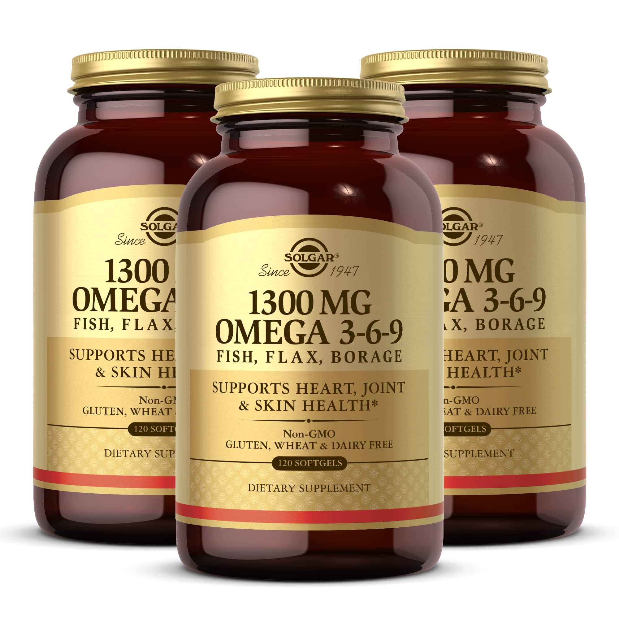 Solgar 1300 mg Omega 3-6-9, 120 Softgels (Pack of 3) - Fish Oil Supplement - Support for Joint & Skin Health - Includes Flaxseed & Borage - Contains EPA & DHA Omega 3 Fatty Acids - 120 Total Servings