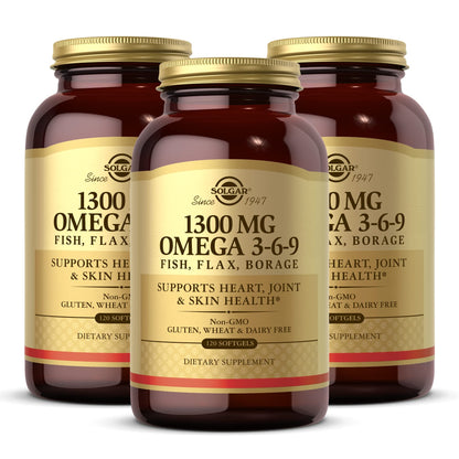 Solgar 1300 mg Omega 3-6-9, 120 Softgels (Pack of 3) - Fish Oil Supplement - Support for Joint & Skin Health - Includes Flaxseed & Borage - Contains EPA & DHA Omega 3 Fatty Acids - 120 Total Servings