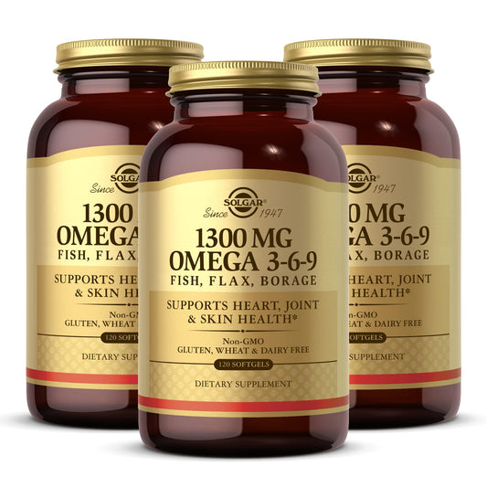 Solgar 1300 mg Omega 3-6-9, 120 Softgels (Pack of 3) - Fish Oil Supplement - Support for Joint & Skin Health - Includes Flaxseed & Borage - Contains EPA & DHA Omega 3 Fatty Acids - 120 Total Servings