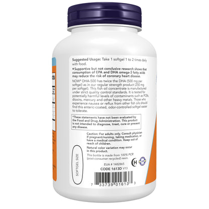 NOW Foods Supplements, DHA-500 with 250 EPA, Molecularly Distilled, Supports Brain Health*, 180 Softgels
