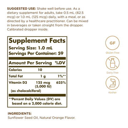 Solgar Liquid Vitamin D3 125 mcg (5,000 IU) - 2 fl oz, Pack of 2 - Natural Orange Flavor - Helps Maintain Healthy Bones & Teeth - Immune System Support - Gluten & Dairy Free - 118 Total Servings
