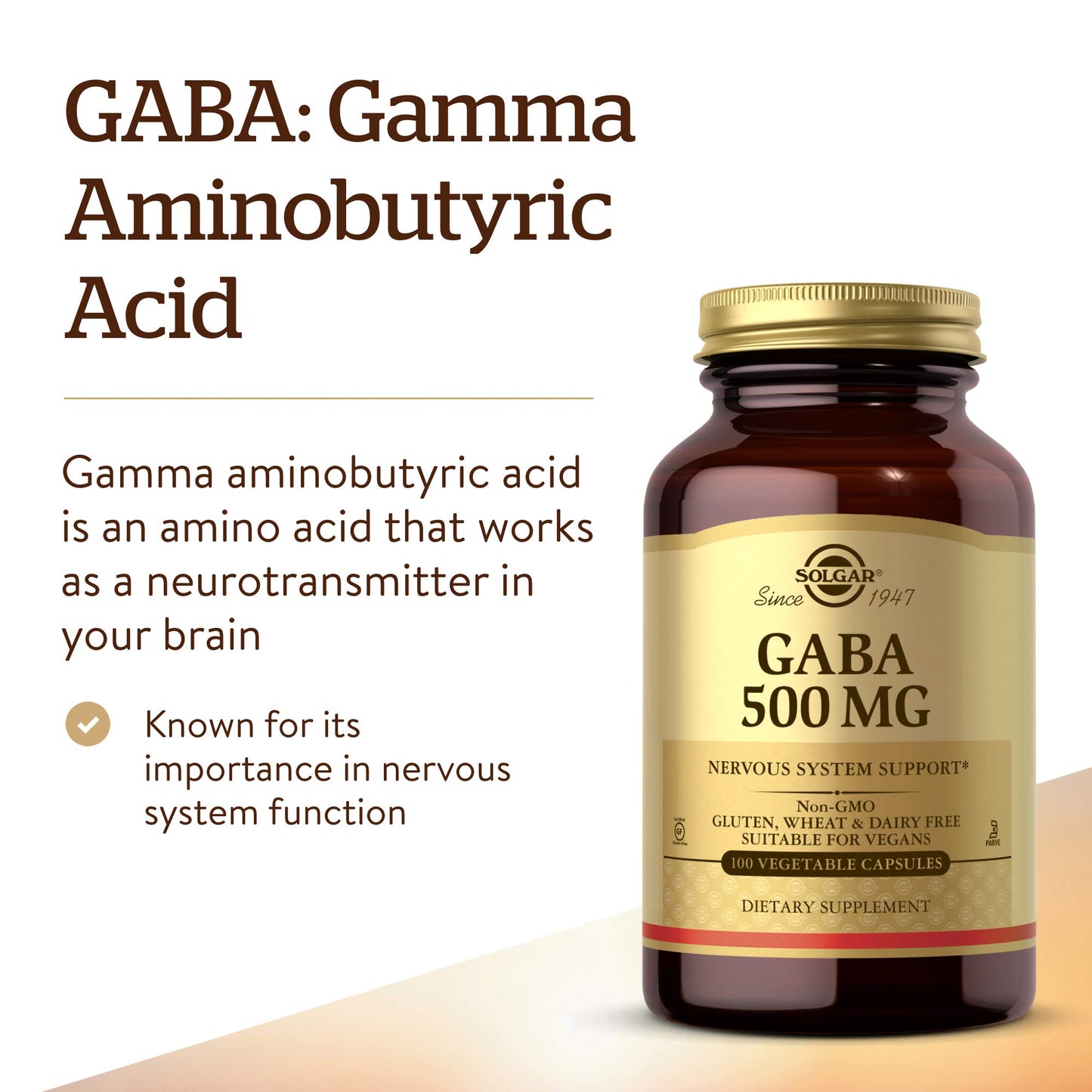 Solgar GABA 500 mg, 100 Vegetable Capsules, Nervous System Support
