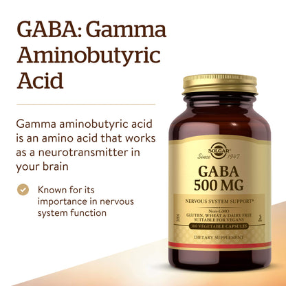 Solgar GABA 500 mg, 100 Vegetable Capsules, Nervous System Support