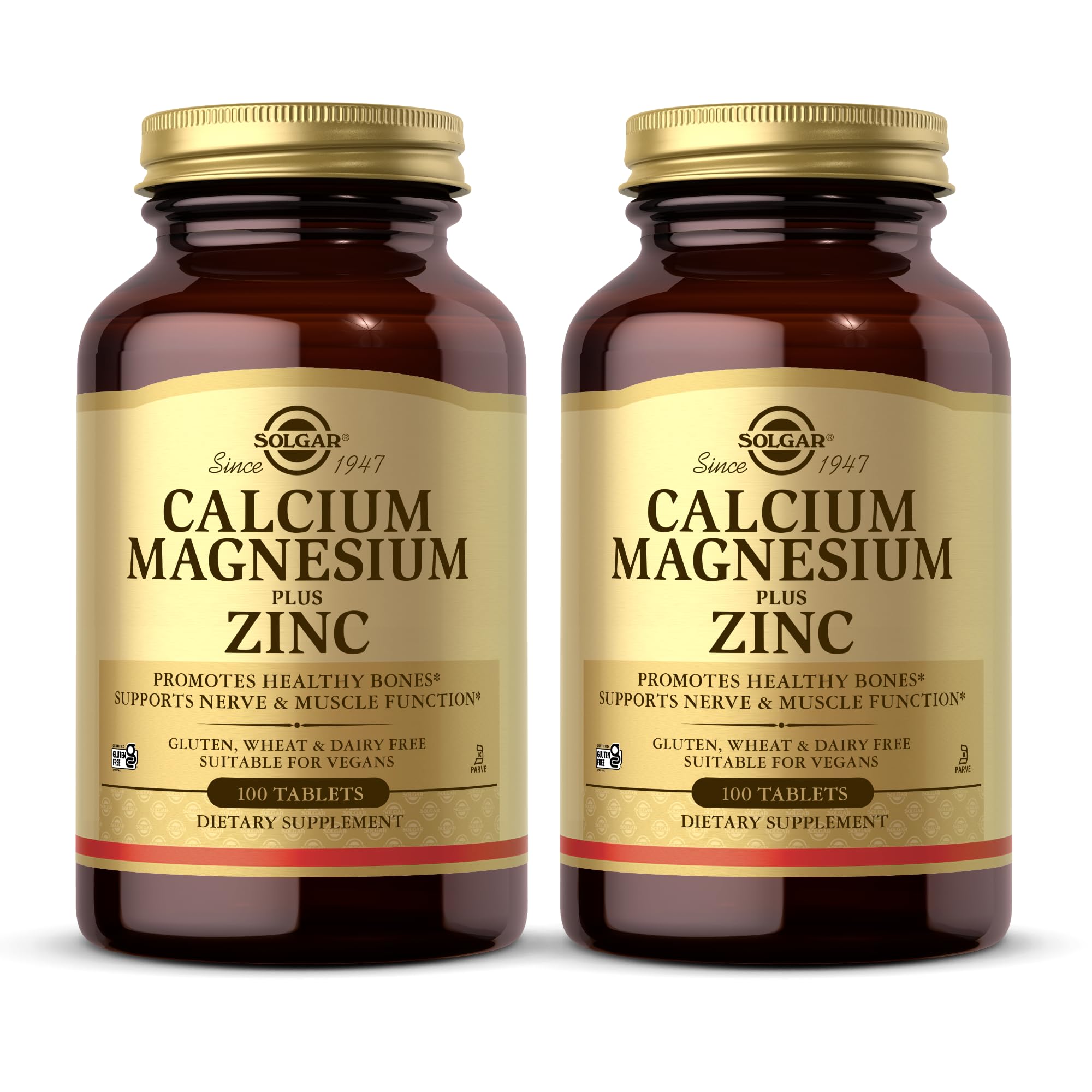 Solgar Calcium Magnesium Plus Zinc, 100 Tablets (Pack of 2) - Promotes Healthy Bones and Teeth - Supports Nerve & Muscle Function - Non-GMO, Vegan, Gluten Free, Dairy Free, Kosher - 66 Total Servings