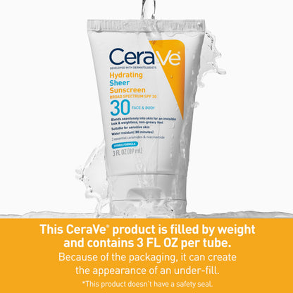 CeraVe Hydrating Sheer Sunscreen SPF 30 with Hyaluronic Acid, 3oz