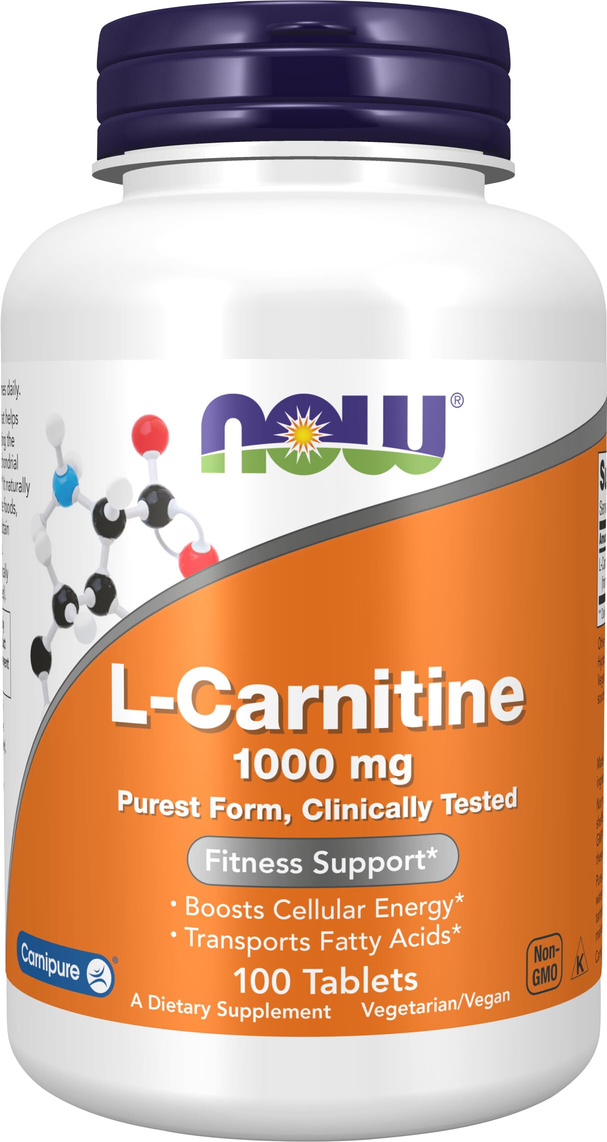 NOW Foods Supplements, L-Carnitine 1,000 mg, Purest Form, Amino Acid, Fitness Support*, 100 Tablets
