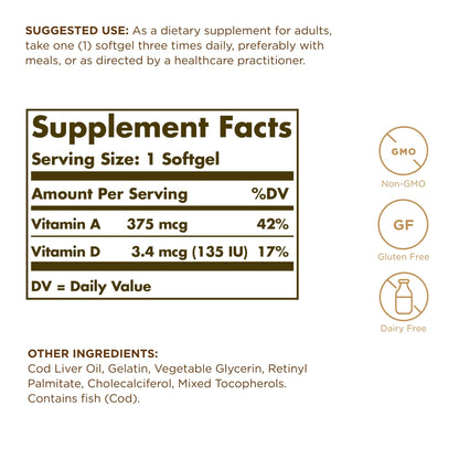 Solgar Cod Liver Oil - 250 Softgels - Provides Vitamins A & D - Non-GMO, Gluten Free - 250 Servings