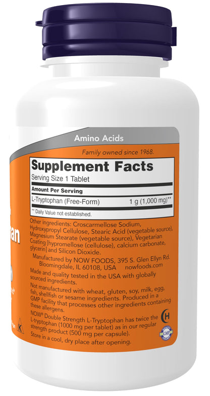 NOW Foods Supplements, L-Tryptophan 1,000 mg, Double Strength, Encourages Positive Mood*, Supports Relaxation*, 60 Tablets