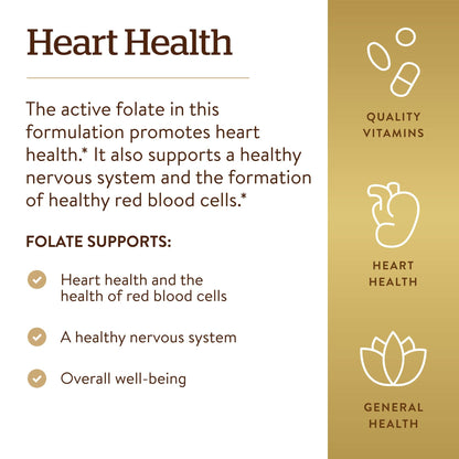 Solgar Folate 1,333 mcg DFE, 100 Tablets - 800 mcg Bio-Active Metafolin - Heart Health - Non-GMO, Vegan, Gluten Free, Dairy Free, Kosher - 100 Servings