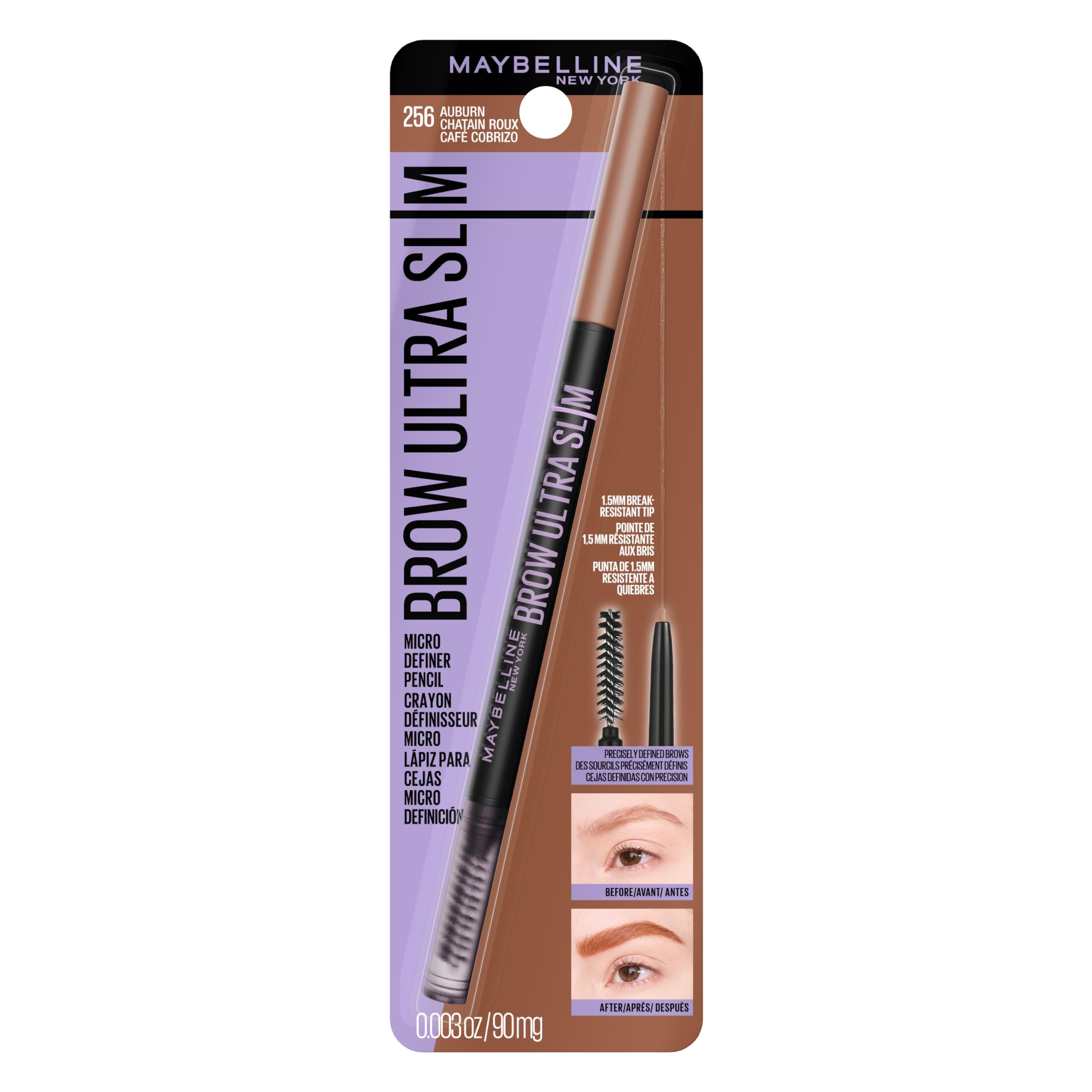 Maybelline Express Brow Ultra Slim Eyebrow Makeup, Brow Pencil with Precision Tip and Spoolie for Defined Eyebrows, Auburn, 1 Count (Packaging May Vary)