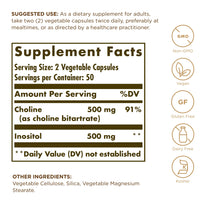 Solgar Choline/Inositol 500 mg/500 mg, 100 Vegetable Capsules (Pack of 2) - Energy Metabolism, Liver Health, Essential for Brain & Nerve Function - Non-GMO, Vegan, Kosher - 100 Total Servings