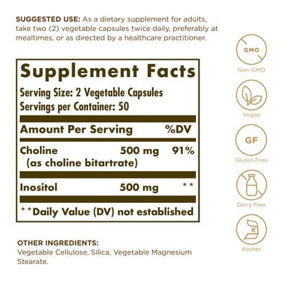 Solgar Choline/Inositol 500 mg/500 mg, 100 Vegetable Capsules (Pack of 2) - Energy Metabolism, Liver Health, Essential for Brain & Nerve Function - Non-GMO, Vegan, Kosher - 100 Total Servings