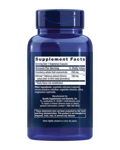 Life Extension Optimized Cran-Max®, Cranberry Whole Fruit Concentrate with Hibiscus Extract, Best in Class Support for Female Urinary Tract Health, Gluten-Free, Vegetarian, Non-GMO, 60 Capsules