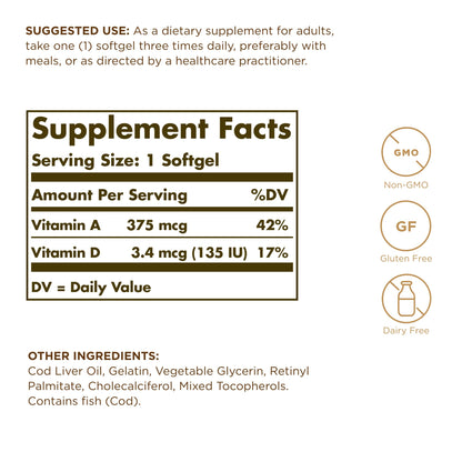 Solgar Cod Liver Oil - 100 Softgels - Provides Vitamins A & D - Non-GMO, Gluten Free - 100 Servings
