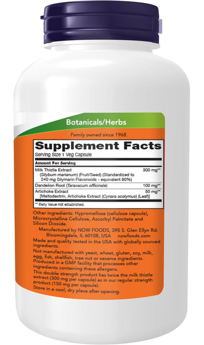 NOW Foods Supplements, Silymarin Milk Thistle Extract 300 mg with Artichoke and Dandelion, Double Strength, Supports Liver Function*, 250 Veg Capsules