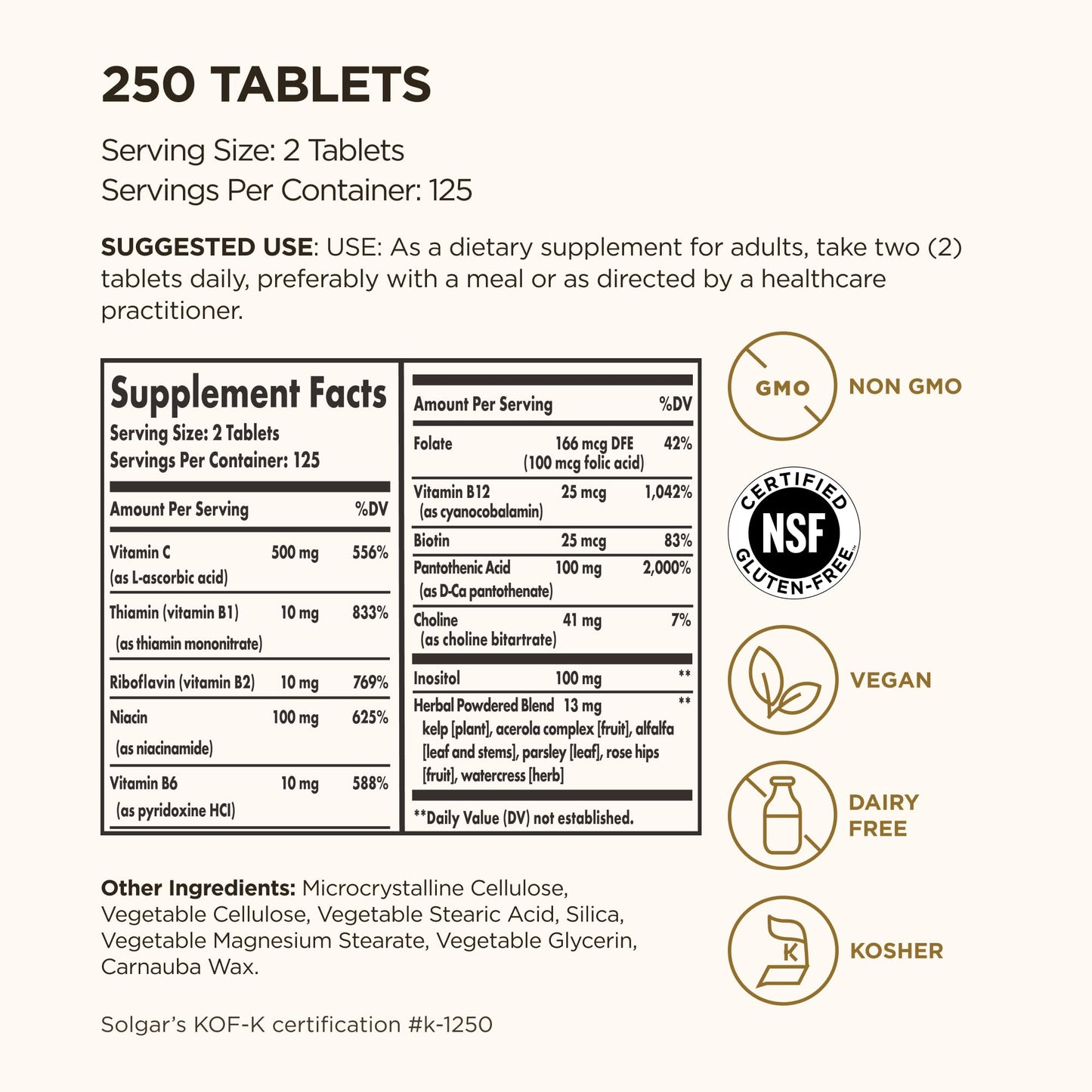 Solgar B-Complex with Vitamin C Stress Formula, 250 Tablets, 125 Servings