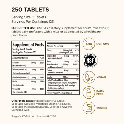 Solgar B-Complex with Vitamin C Stress Formula, 250 Tablets, 125 Servings