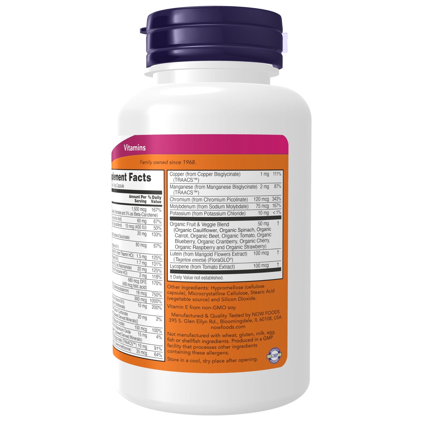 NOW Foods Supplements, Daily Vits™ with Fruit & Veggie Blend, Lutein and Lycopene, 120 Veg Capsules