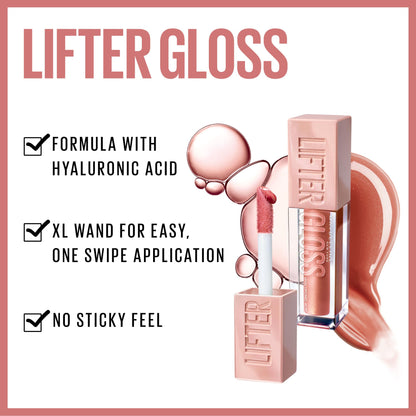 Maybelline Lifter Gloss, Hydrating Lip Gloss with Hyaluronic Acid, High Shine for Plumper Looking Lips, Rust, Warm Neutral, 0.18 Ounce