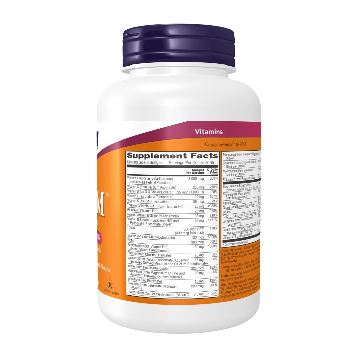 NOW Supplements, ADAM™ Men's Multivitamin with Saw Palmetto, Plant Sterols, Lycopene & CoQ10, 90 Softgels