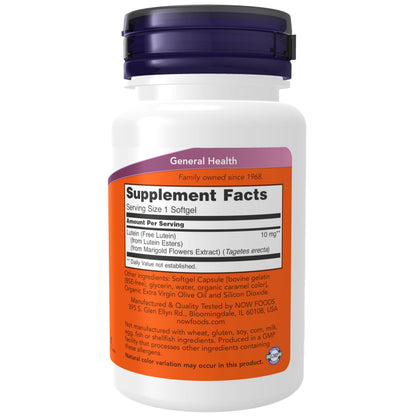 NOW Foods Supplements, Lutein 10 mg with 10 mg of Free Lutein from Lutein Esters, 60 Softgels