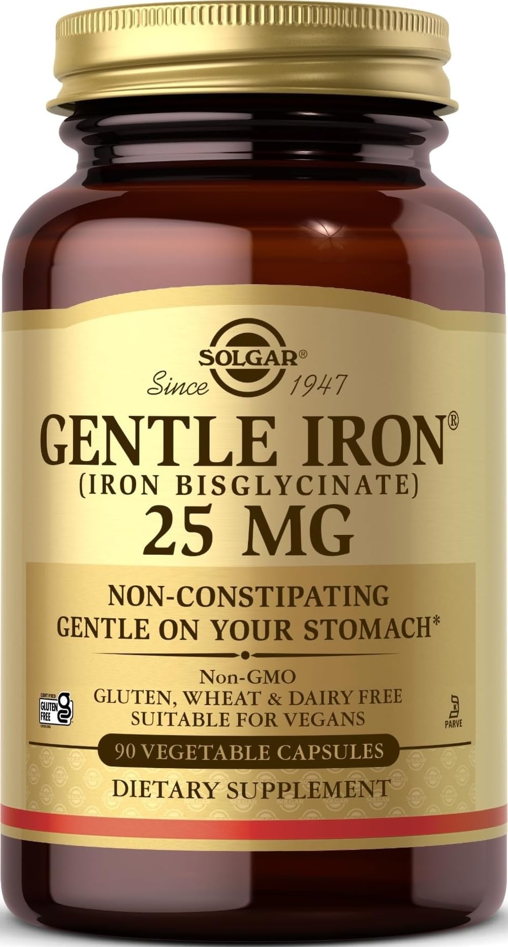 Solgar Gentle Iron (Iron Bisglycinate) 25 mg - 90 Vegetable Capsules - Non-Constipating, Gentle on Your Stomach - Gluten Free - 90 Servings