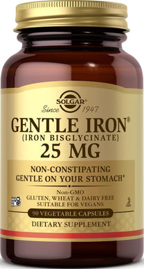 Solgar Gentle Iron (Iron Bisglycinate) 25 mg - 90 Vegetable Capsules - Non-Constipating, Gentle on Your Stomach - Gluten Free - 90 Servings