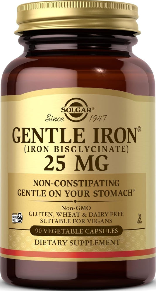 Solgar Gentle Iron (Iron Bisglycinate) 25 mg - 90 Vegetable Capsules - Non-Constipating, Gentle on Your Stomach - Gluten Free - 90 Servings