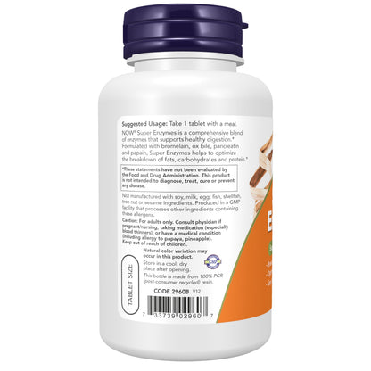 NOW Foods Supplements, Super Enzymes, Formulated with Bromelain, Ox Bile, Pancreatin and Papain, Super Enzymes, 90 Tablets