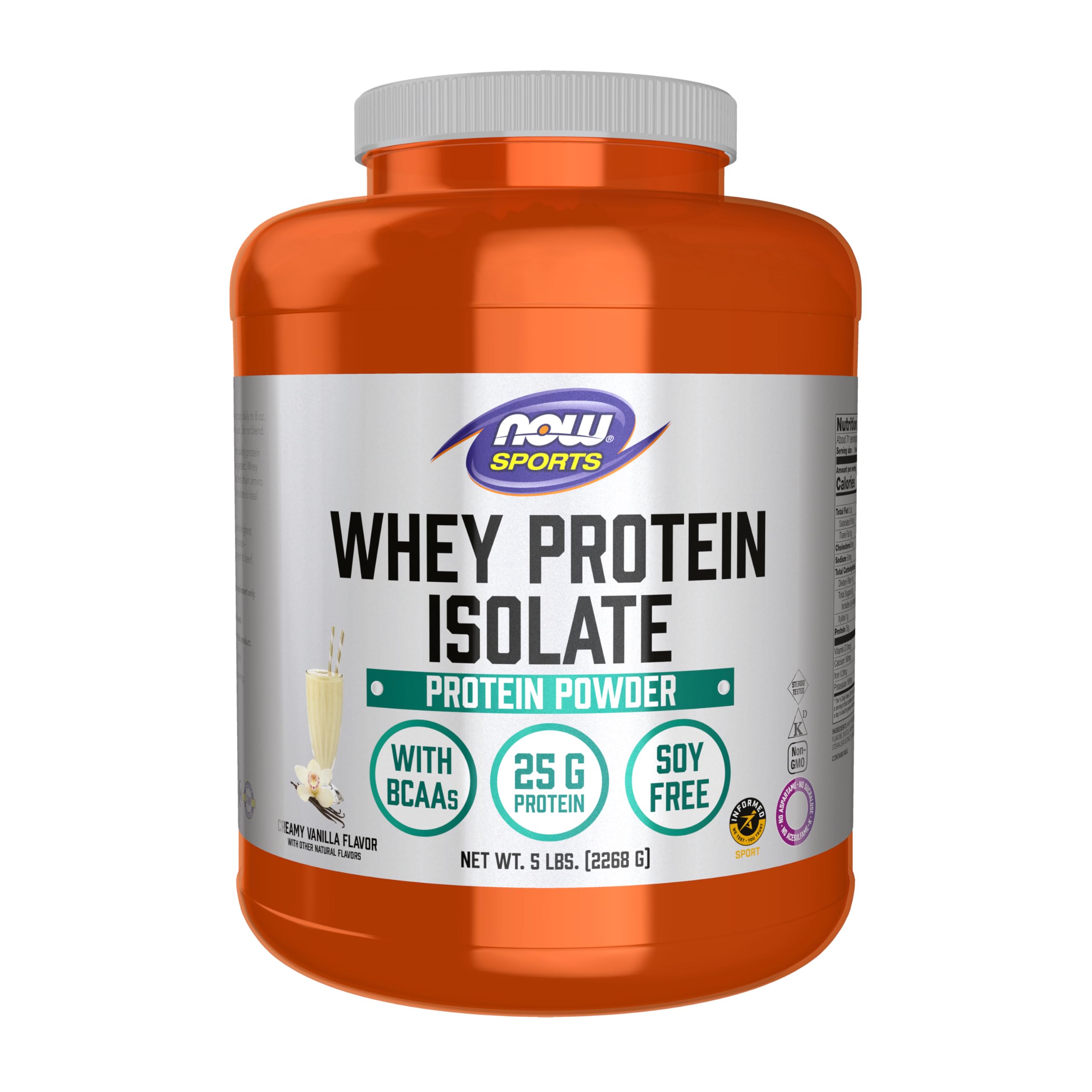 NOW Foods Sports Nutrition, Whey Protein Isolate, 25 g With BCAAs, Creamy Vanilla Powder, 5-Pound