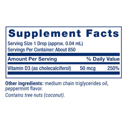 Life Extension Liquid Vitamin D3 (Mint), 50 mcg (2000 IU), Immune System Support, Bone Health, Whole-Body Health, Tasty Peppermint Flavor, Gluten Free, Non-GMO, 29.57 ml