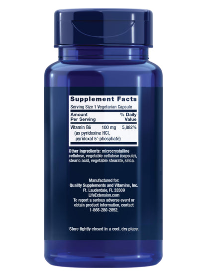 Life Extension Vitamin B6, 100 mg, high Potency, Cardiovascular Health, neurological Health, Eye Health, Healthy Kidney Function, Gluten-Free, Non-GMO, Vegetarian, 90 Capsules