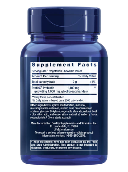 Life Extension FLORASSIST® Prebiotic Chewable (Strawberry), 1000 mg xylooligosaccharides, prebiotic Supplement Provides Fuel for Gut Flora, Gluten-Free, Non-GMO, Vegetarian, 60 chewable Tablets