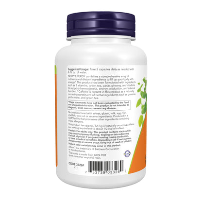 NOW Foods Supplements, Energy Dietary Supplement (lncludes B Vitamins, Green tea, Panax Ginseng and Rhodiola), 90 Capsules