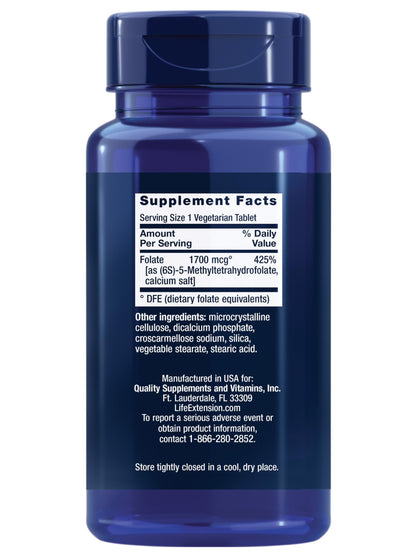 Life Extension Optimized Folate – L-methylfolate – Heart & Brain Support, Healthy Homocysteine Levels – Non-GMO, Gluten-Free, Vegetarian – 1700 mcg DFE, 100 Vegetarian Tablets