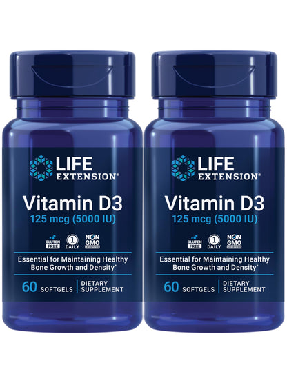 Life Extension Vitamin D3 125 Mcg (5000 Iu) – Promotes Bone Health, Brain Health and Immune Function – Non-GMO – Gluten-Free – Two Pack – 2 x 60 Softgels
