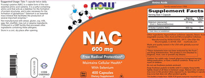 Now NAC 600 mg, 400 Capsules, N-Acetyl Cysteine with Selenium