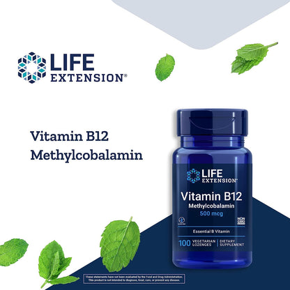 Life Extension Vitamin B12 Methylcobalamin 500mcg -Vitamin B12 Supplement for General Energy and Brain Health -Sugar Free Vegetarian Lozenges Dissolve in Your Mouth - Once Daily -100 Count (Pack of 2)