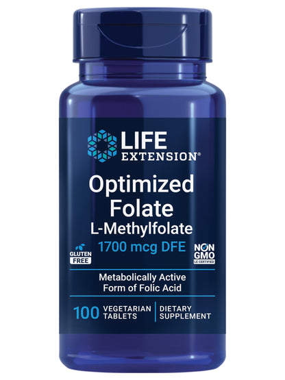 Life Extension Optimized Folate – L-methylfolate – Heart & Brain Support, Healthy Homocysteine Levels – Non-GMO, Gluten-Free, Vegetarian – 1700 mcg DFE, 100 Vegetarian Tablets
