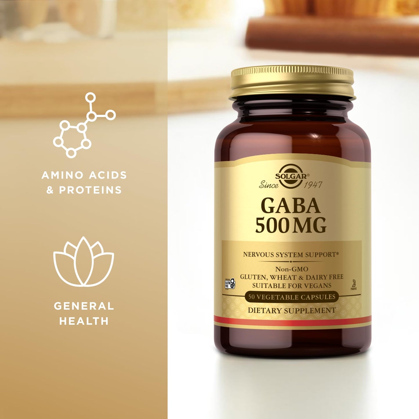 Solgar GABA 500 mg, 50 Vegetable Capsules - Relaxation & Nervous System Support - Amino Acid - Non-GMO, Vegan, Gluten Free, Dairy Free, Kosher - 50 Servings